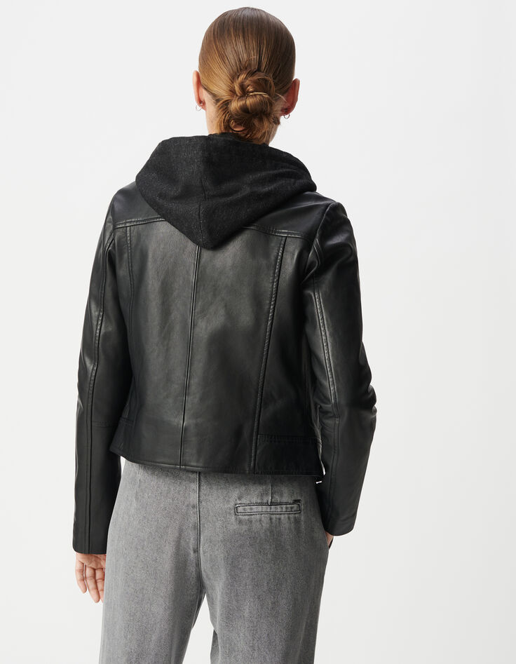 Women's black leather biker jacket with removable front panel-3