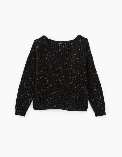 Pull noir col V laine mousseuse métallisée femme - IKKS