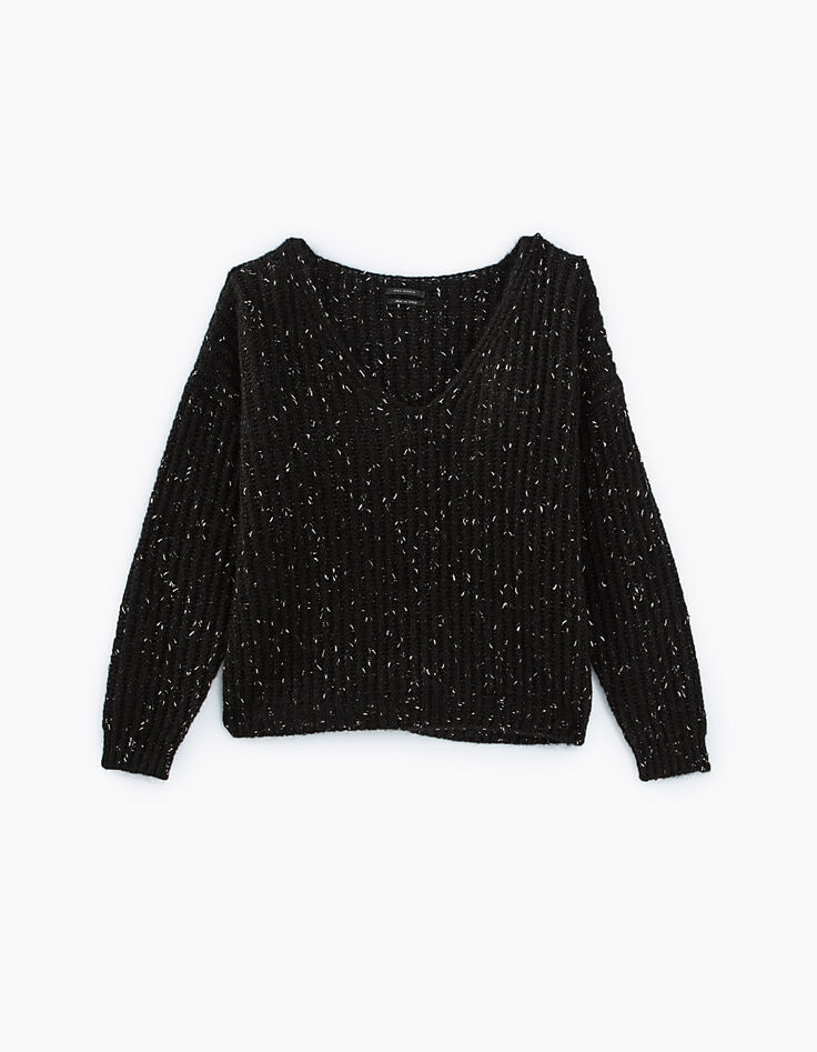 Pull noir col V laine mousseuse métallisée femme-1