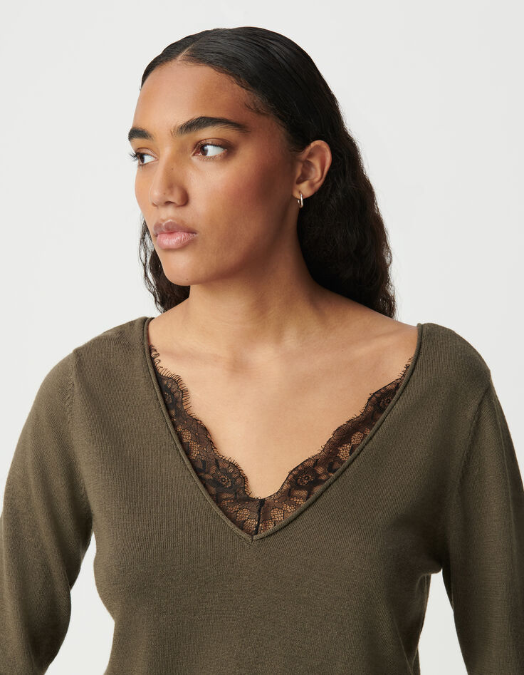 Khaki Damenpulli mit Ausschnitt vorne und Spitze im Rücken-5