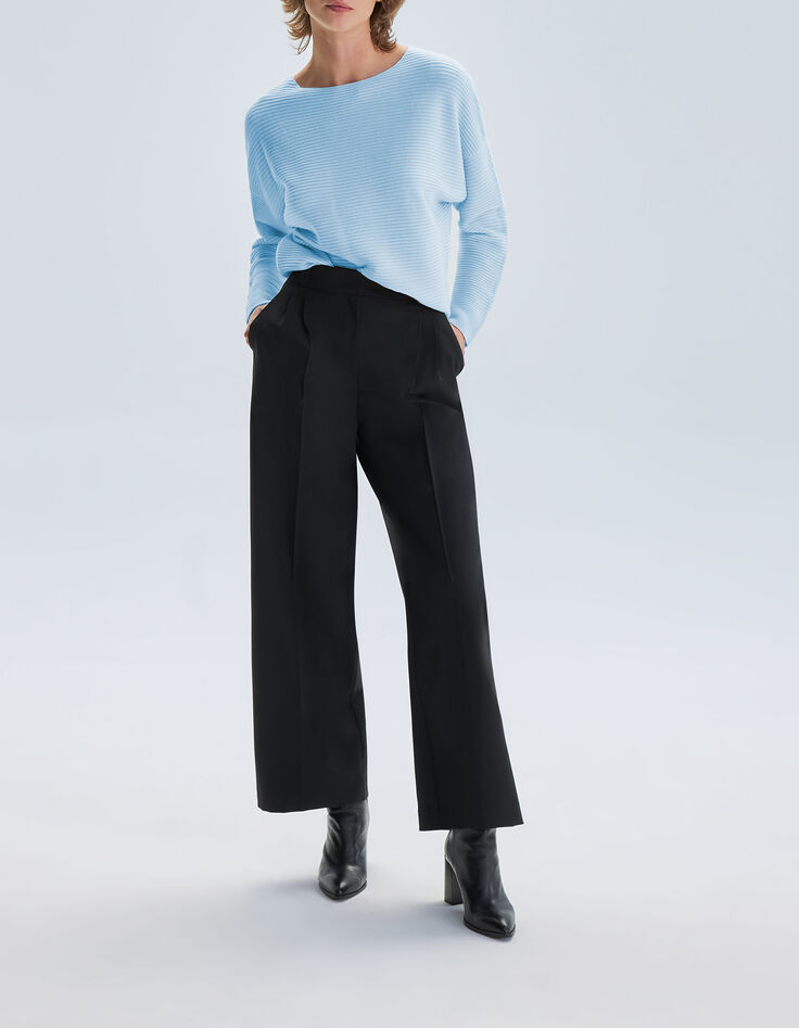 Pull bleu tricot côtelé  col bateau Femme-4
