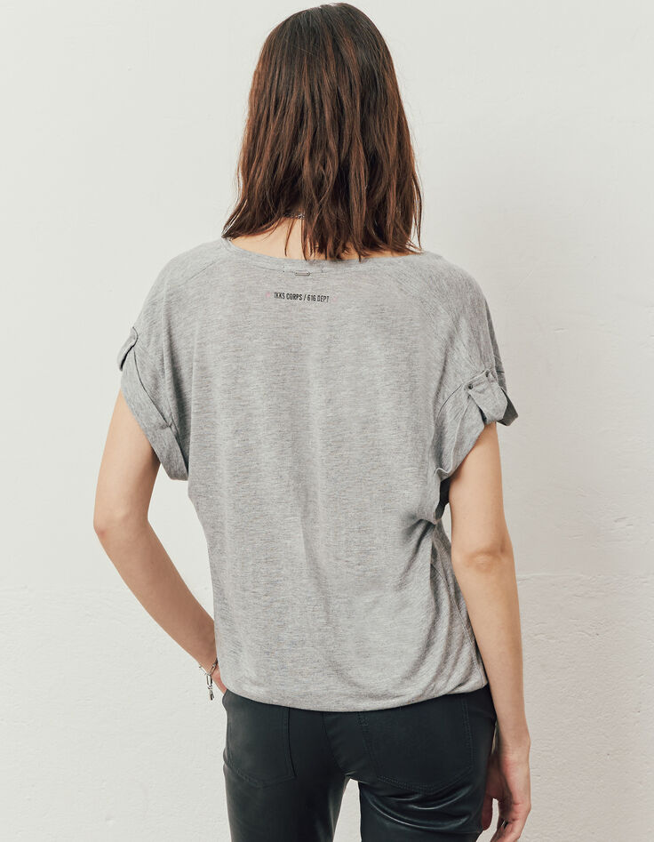 Tee-shirt viscose Ecovero® gris métallisé poche army femme-3