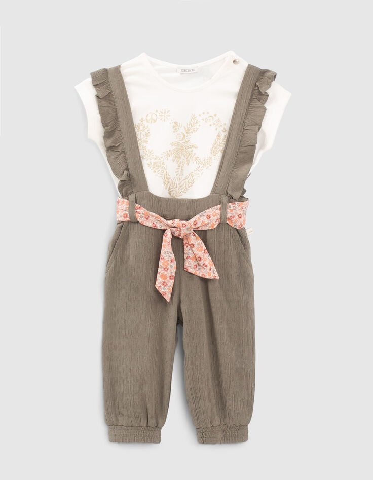 Baby girls’ khaki dungarees & T-shirt outfit-1
