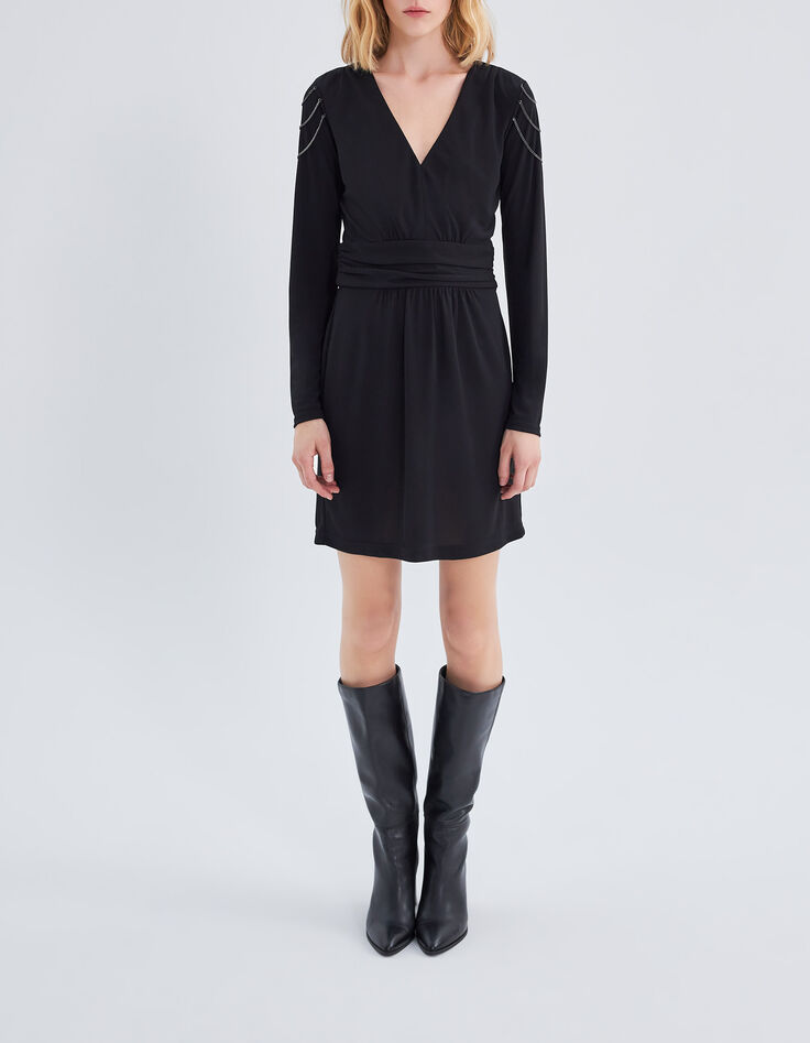Women's short black belted V-neck dress-1