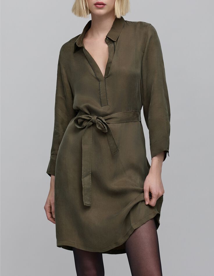 Women's khaki midi shirt dress with jewels-3