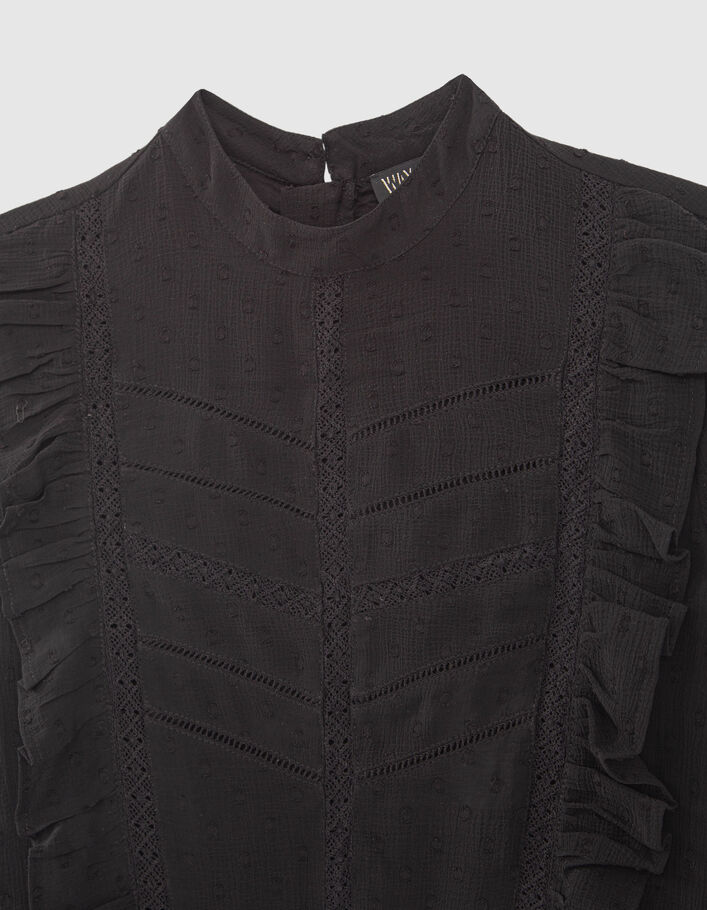 Schwarzes Mädchenkleid mit Plumetisjacquard an der Passe-4