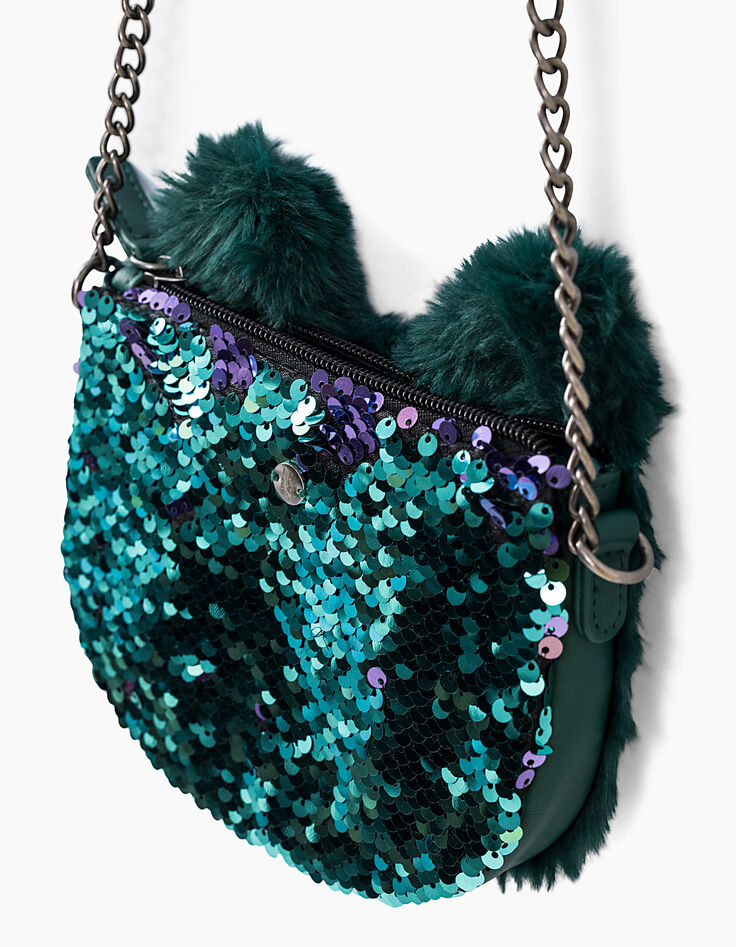 Entenblaue M&auml;dchenhandtasche aus Mischgewebe mit Katze-4