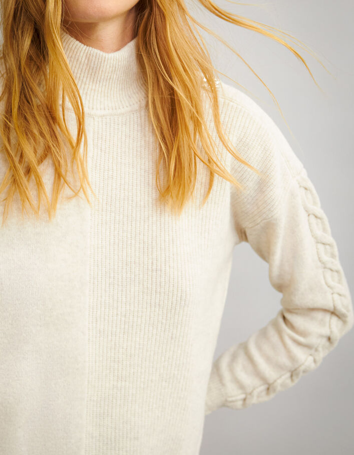 Women’s ecru wool high-neck sweater, buttoned shoulders - IKKS