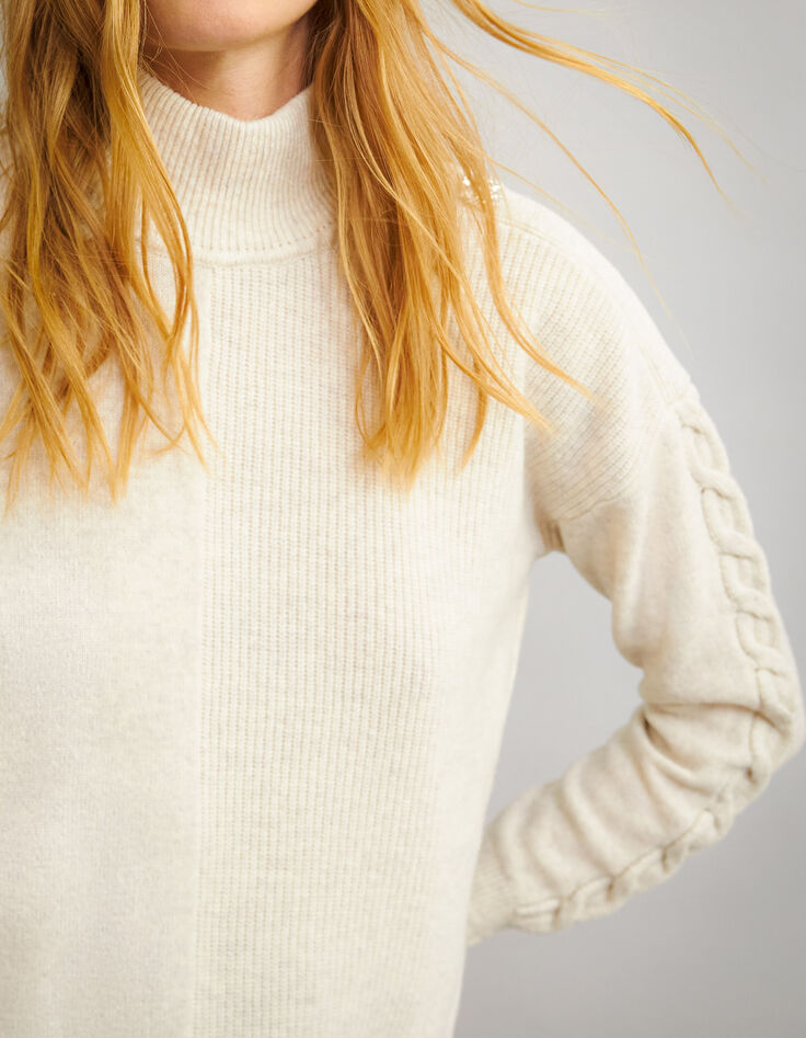 Women’s ecru wool high-neck sweater, buttoned shoulders-5 Women’s ecru wool high-neck sweater, buttoned shoulders-5