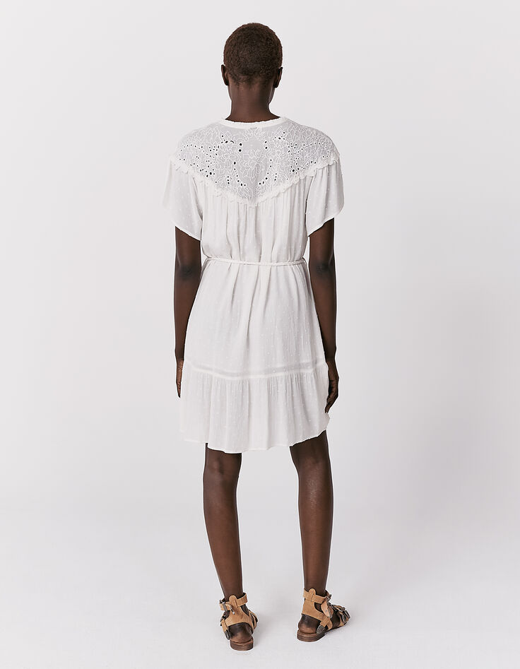 Women’s white embroidered collar dotted Swiss crepe dress-3