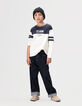 Boys’ navy and white organic cotton T-shirt, camel neck-1