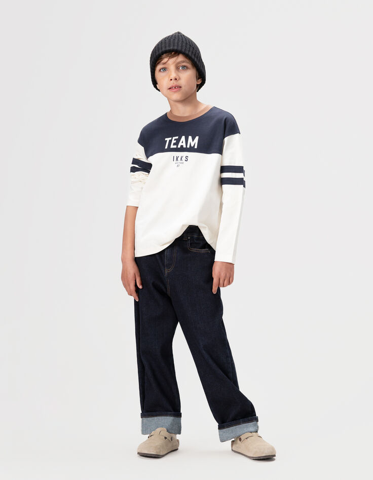 Boys’ navy and white organic cotton T-shirt, camel neck-1