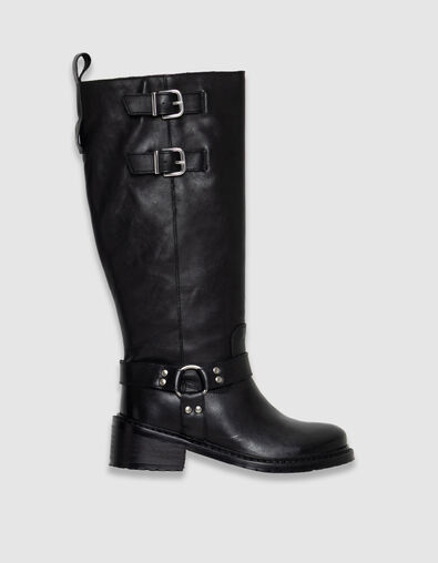 Botas negras cuero motero doble hebilla mujer - IKKS