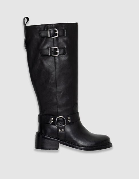 Bottes noires cuir esprit motard double boucle Femme - IKKS