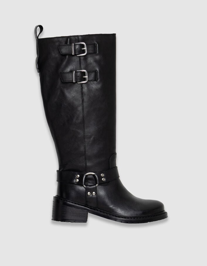 Botas negras cuero motero doble hebilla mujer