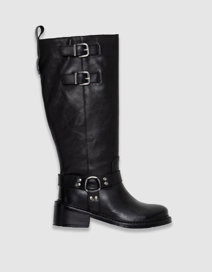 Botas negras cuero motero doble hebilla mujer-1