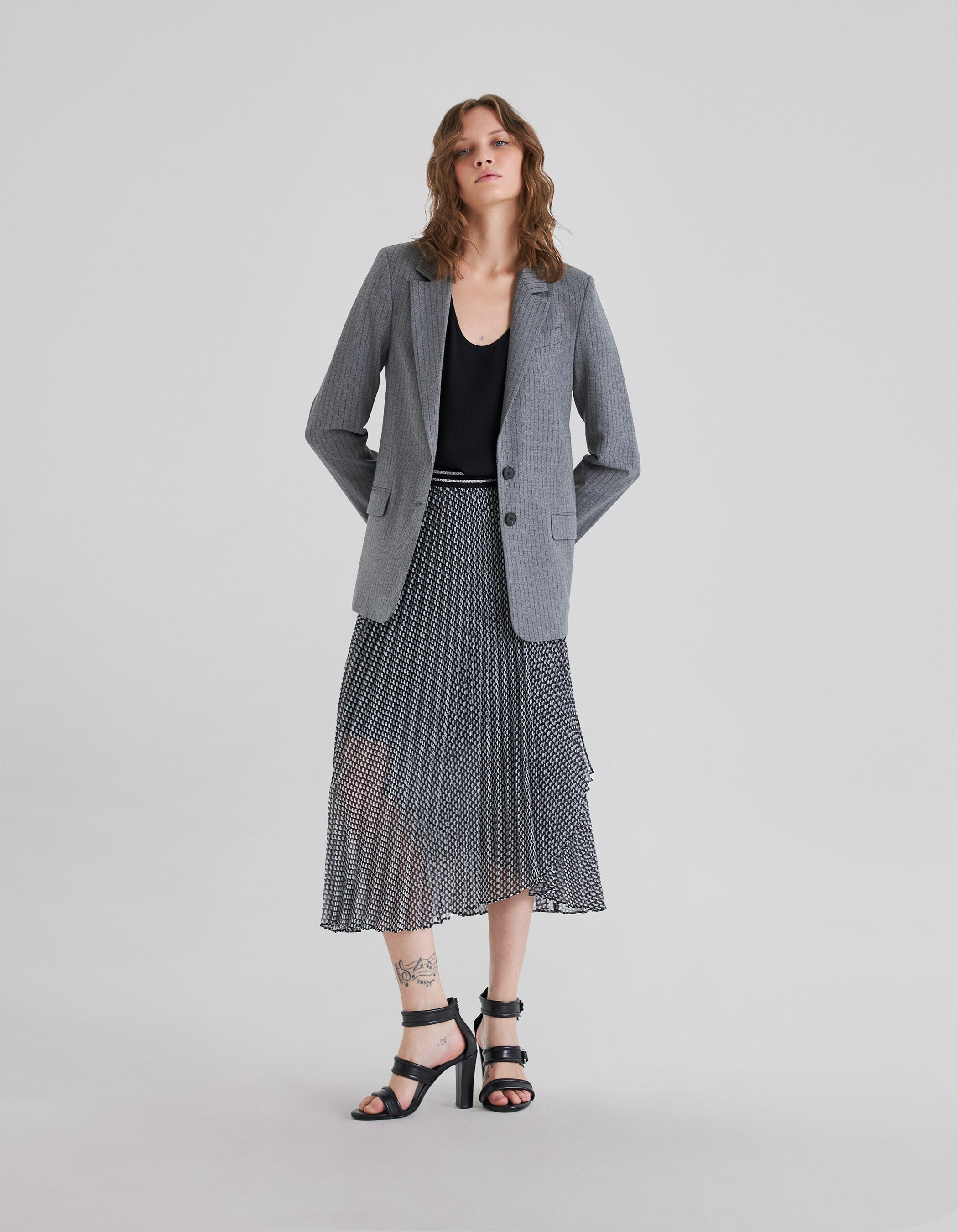 Jupe midi noire plissee imprime cravate Femme IKKS