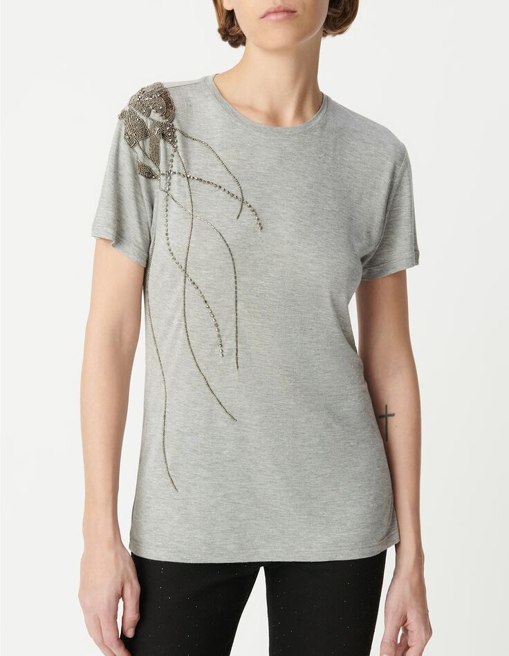 Women's grey tee-shirt with metallized beads on shoulder-2
