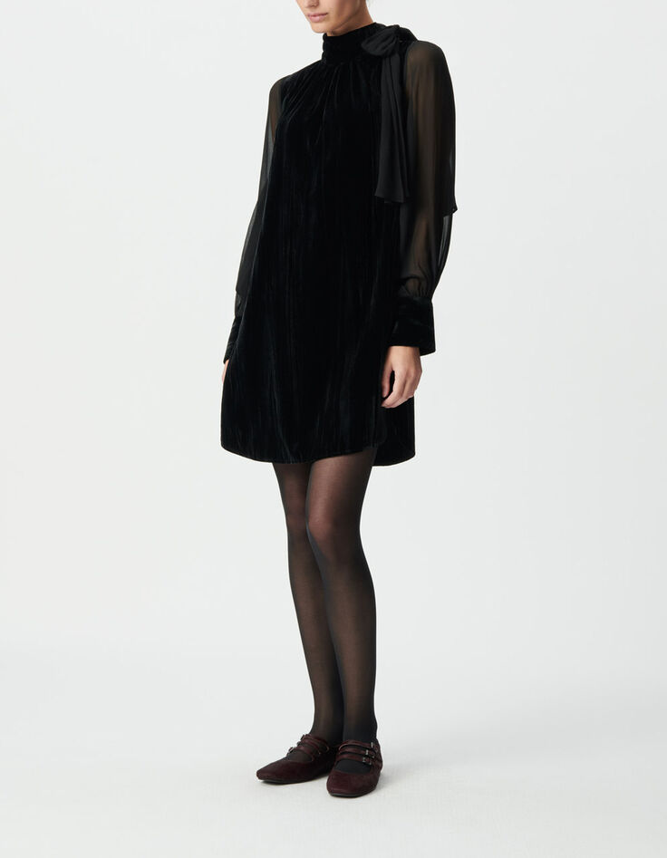 Women&rsquo;s black crushed velvet and voile mixed fabric dress-2