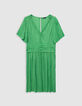 Women's green satin pleated short dress-7