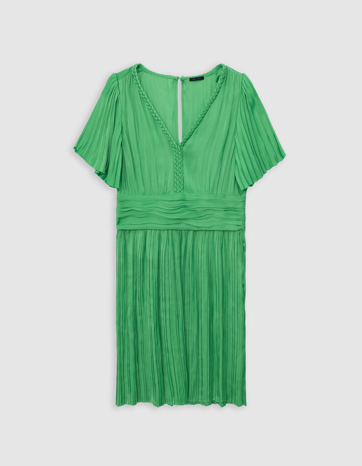 Women's green satin pleated short dress-7