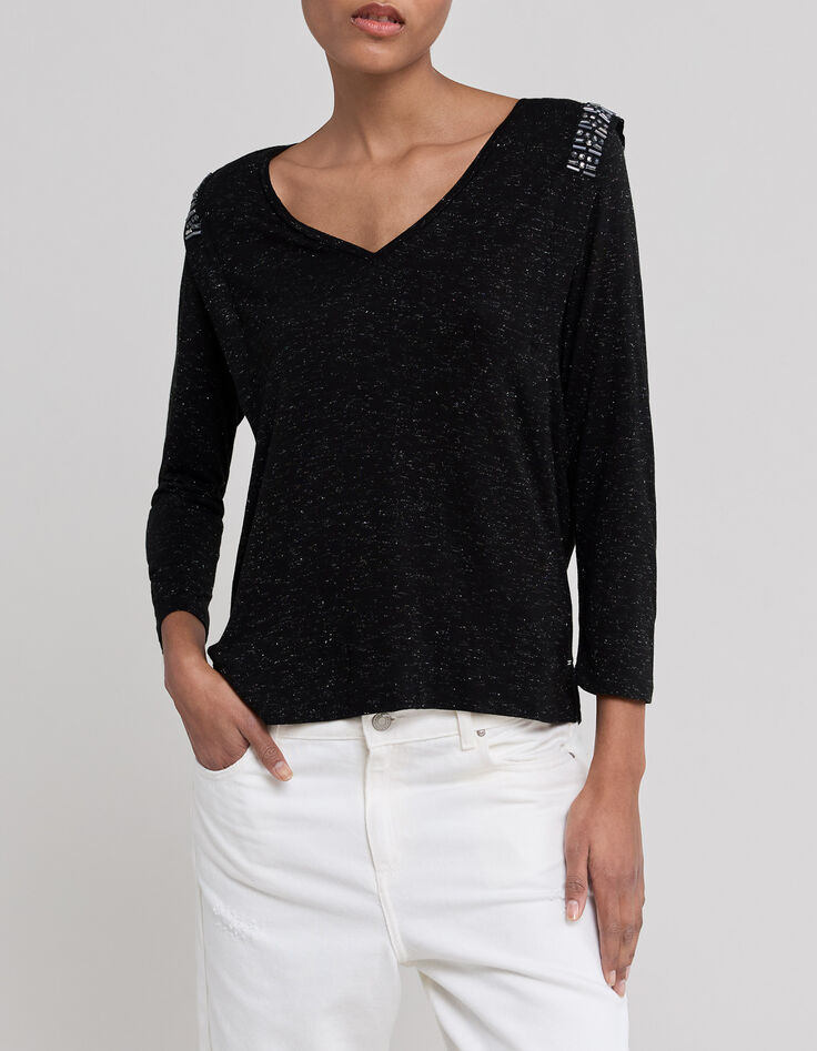 Camiseta de mujer de viscosa negra con cuello en V y pedrería-2
