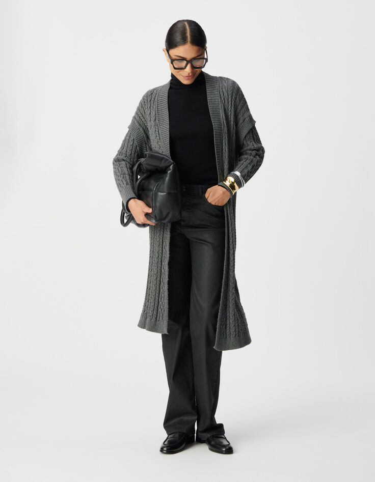 Lang grijs vest details kabelbreiwerk Dames-3