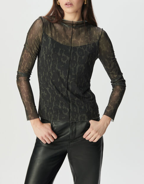 Khaki Damen-T-Shirt Netz Leo-Print - IKKS