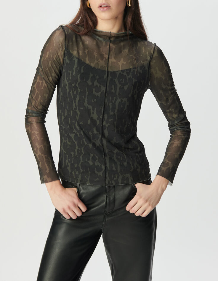 Camiseta caqui redecilla leopardo mujer-2
