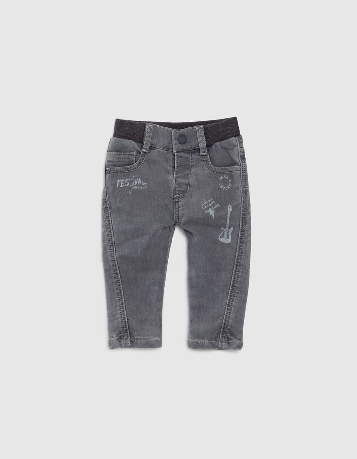 Grijze jeans print en ribboord in taille babyjongens-1
