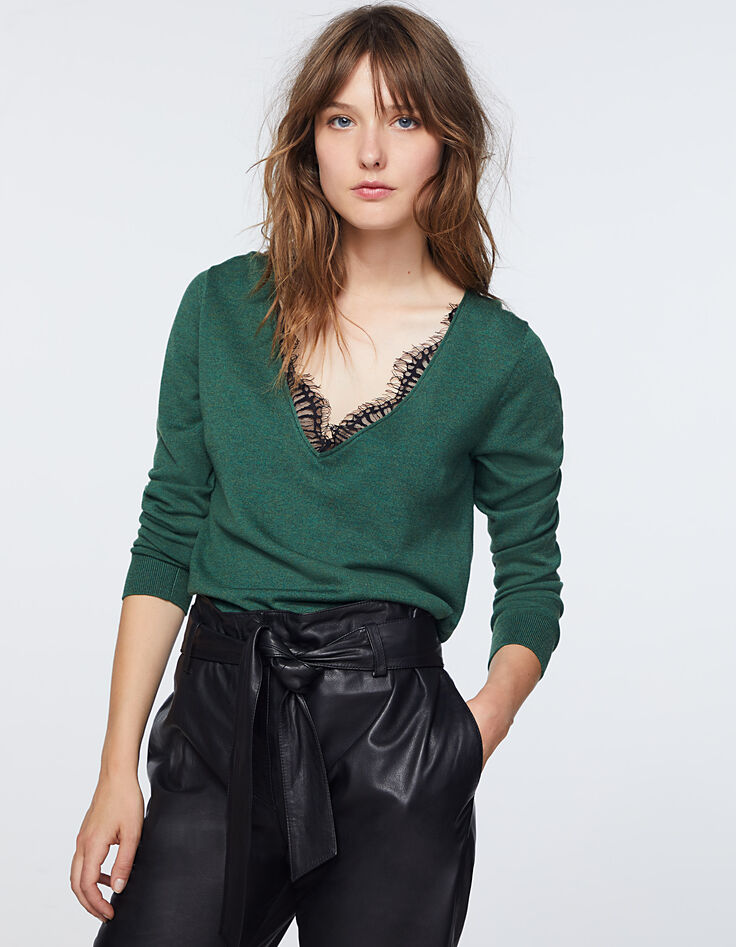 Pull prusse maille tricot encolure V apport dentelle femme-2