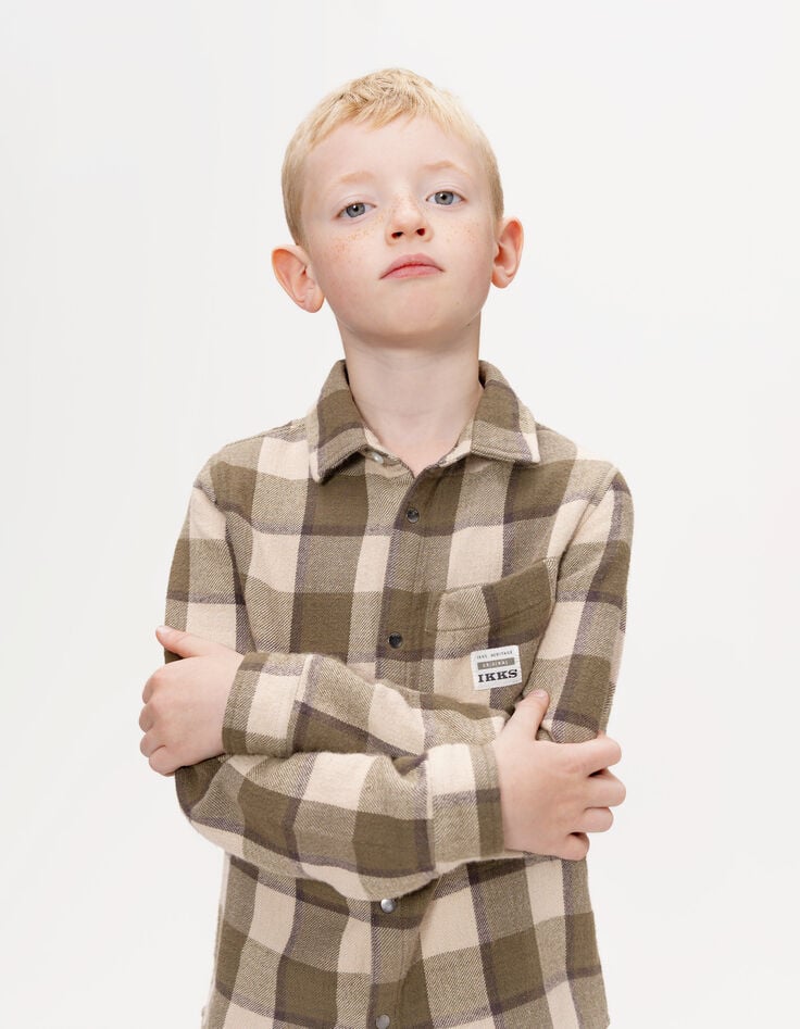 Boys’ khaki and beige check overshirt-1 Boys’ khaki and beige check overshirt-1