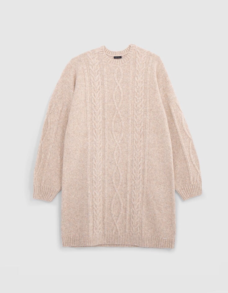 Robe beige chiné tricot torsadé fille-1