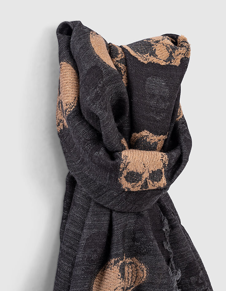 Chèche coton laine jacquard motif têtes de mort femme-2 Chèche coton laine jacquard motif têtes de mort femme-2