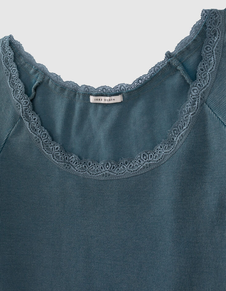 Blaues Damen-T-Shirt, Rippenstrick, Spitzenrand-2