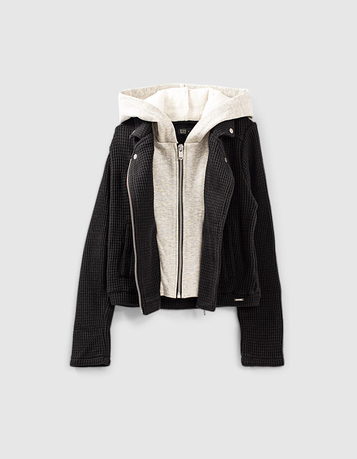 Cardigan noir esprit motard nid d'abeille à capuche fille-2 Cardigan noir esprit motard nid d'abeille à capuche fille-2