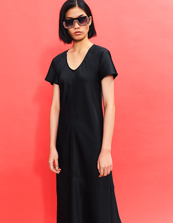 Robe midi manches courtes noire volantée en bas femme-1
