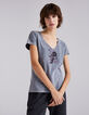 Grijs T-shirt V-hals opdruk gezichten dames-2