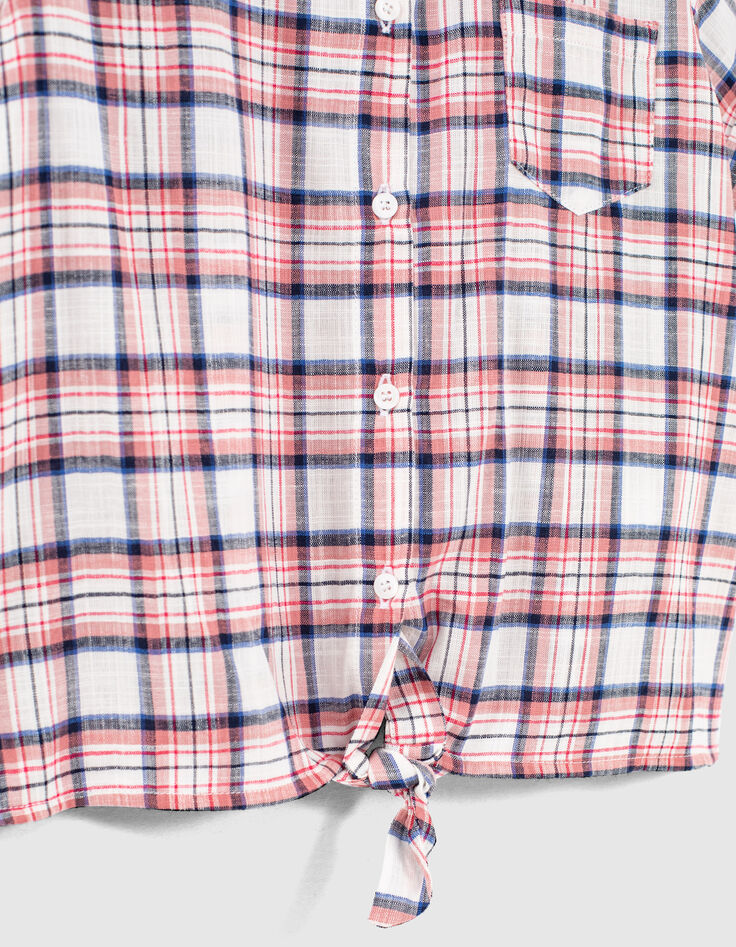 Wei&szlig;e M&auml;dchenbluse zum Binden mit rosa Karos -5