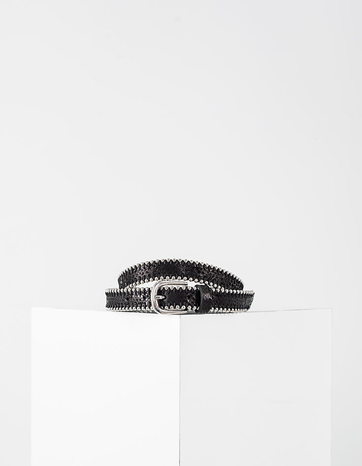 Ceinture en cuir noir bordures perles femme-1