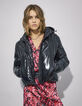Women’s black vinyl hooded short padded jacket-2