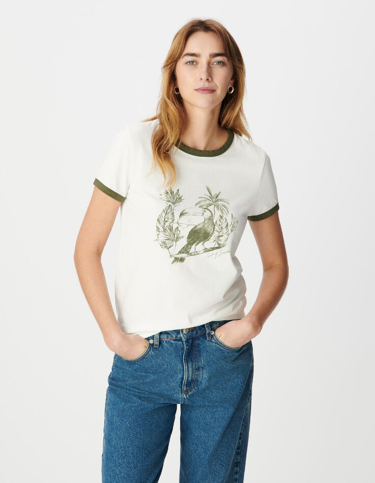 Tee-shirt manches courtes &eacute;cru visuel oiseau kaki Femme-3