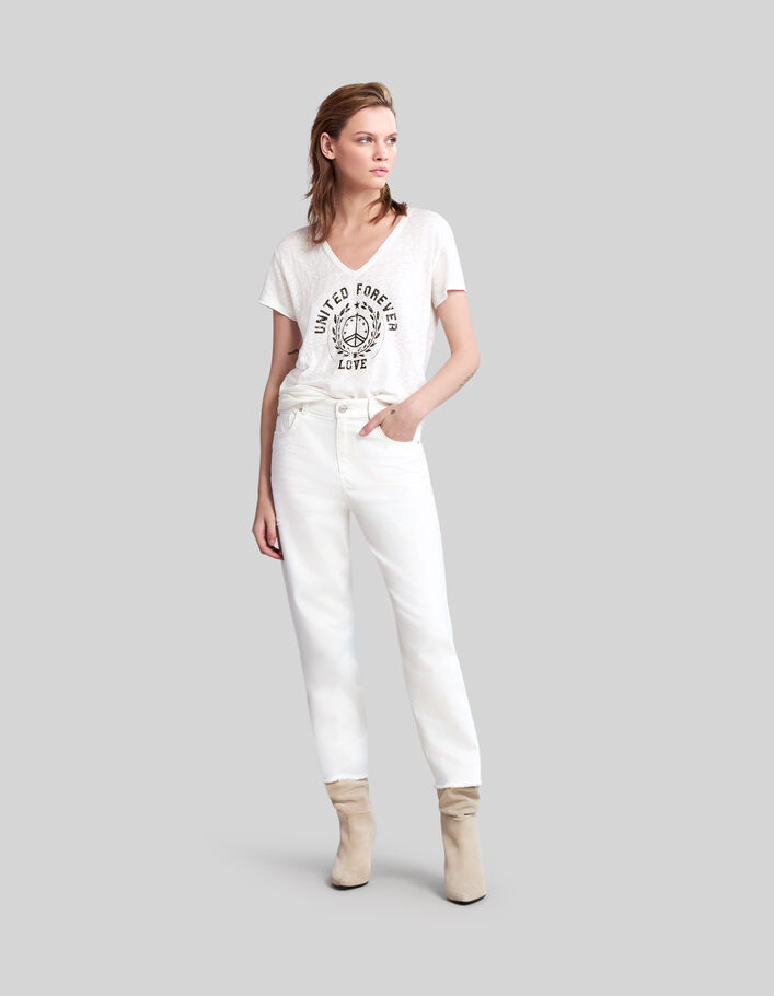 Women's white T-shirt with peace symbol badge - IKKS