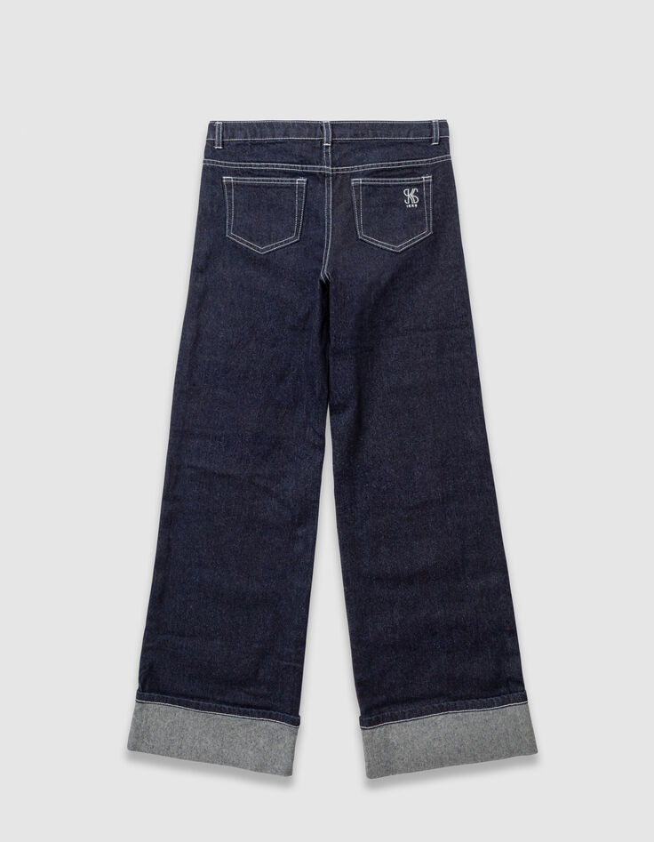 Marineblaue weite Mädchenjeans mit festem Revers-5
