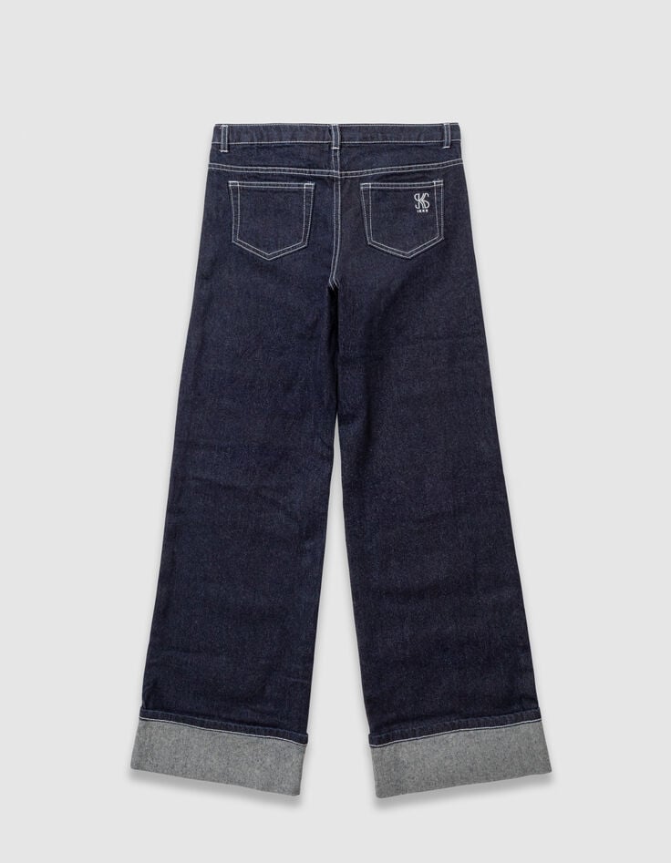 Marineblaue weite Mädchenjeans mit festem Revers-5 Marineblaue weite Mädchenjeans mit festem Revers-5