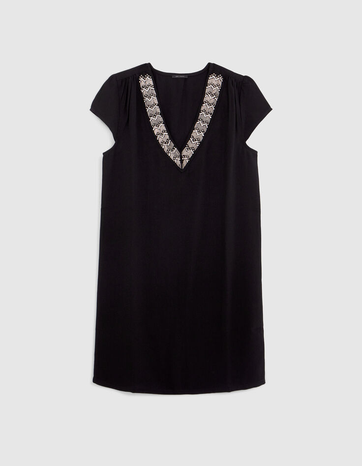 Women’s black recycled dress, pretty embroidered collar-6