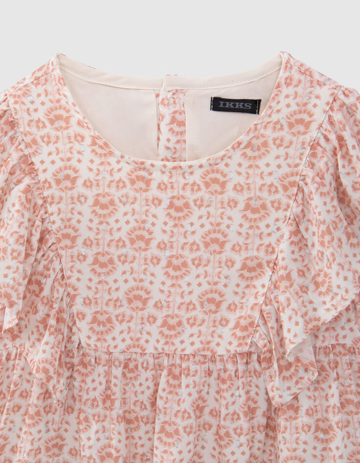 Girls’ ecru blouse, flowery print with silver threads-2