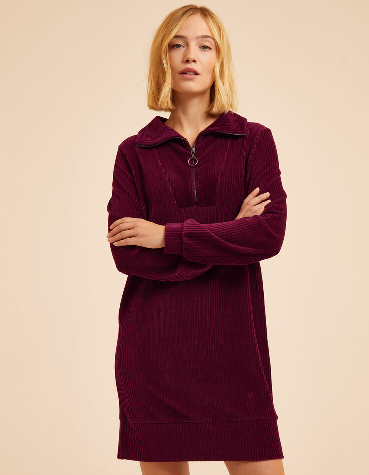 Robe zipp&eacute;e bordeaux maille velours c&ocirc;tel&eacute;e I.Code-1