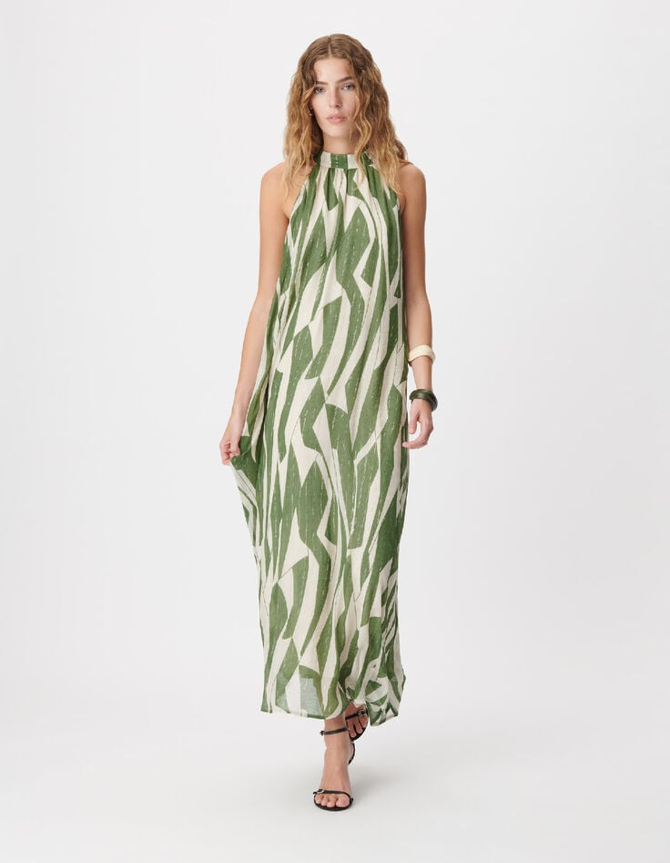 Robe longue verte imprim&eacute; graphique Femme-3