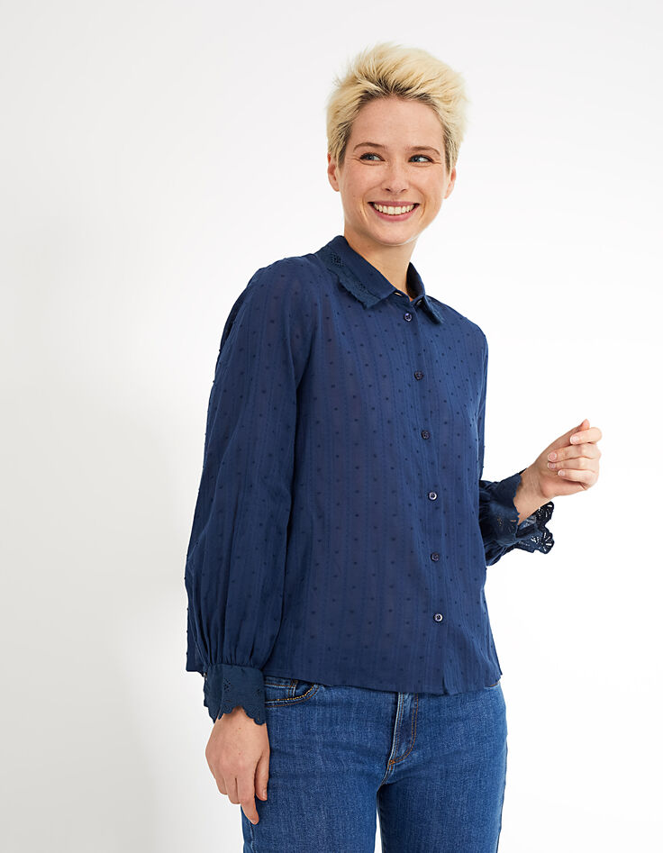 Marineblaues Hemd mit Spitze und Stickerei I.Code -2